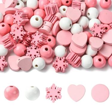 Imagem de MakemadeDIY 100 peças de contas de madeira rosa fofas cores mistas coração redondo floco de neve de madeira grande espaçador contas para pulseiras, joias, colares, chaveiros, fabricação e artesanato