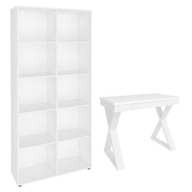 Imagem de Mesa Escrivaninha 90cm Veneti E Estante Livreiro 90x187cm Lean A06 Branco - Mpozenato