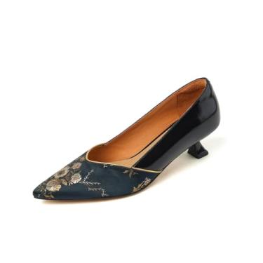 Imagem de TinaCus Sapato social feminino de couro genuíno com bico fino bordado salto gatinho floral, Preto, 38