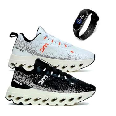 Imagem de Kit Tênis Masculino SprintMax Alta Performance Para Academia Corrida Mais Relógio Digital (BCO-PTO, BR, Adulto, Numérico, 41)