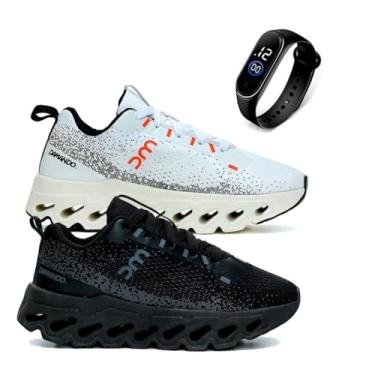 Imagem de Kit Tênis Masculino SprintMax Alta Performance Para Academia Corrida Mais Relógio Digital (BCO-PTO/S, BR, Adulto, Numérico, 38)