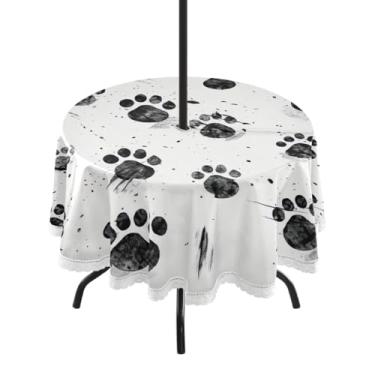 Imagem de Blueangle Toalha de mesa redonda impermeável com estampa de pata de cachorro de 152 cm com orifício para guarda-chuva - Tecido resistente à prova de sol para todos os climas, acessórios para pátio