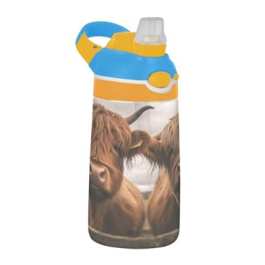 Imagem de Blueangle Garrafa de água de vaca Scottish Highlands de 473 ml, reutilizável Tritan Sports & Travel com canudo e design de tampa de bico pop-up (788)