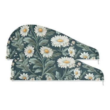 Imagem de SEHANY Toalha de cabelo de microfibra de flores coloridas elegantes para mulheres, 2 peças, turbantes de cabelo de secagem rápida com botão, touca de cabelo seco absorvente toalha de secagem de cabelo