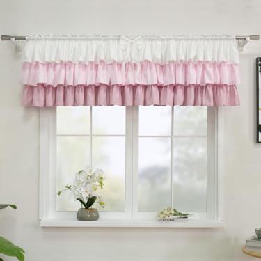 Imagem de FHflyinghome Saia de janela com babados para casa de fazenda, tratamento para cozinha, quarto, sala de estar, decoração de varão, pequeno bolso de cortina, 1 painel 45,7 x 152,4 cm, branco e rosa