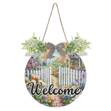 Imagem de SEHANY Placa de boas-vindas com flores de jardim, decoração de porta da frente, guirlanda de boas-vindas redonda para decoração de casa de fazenda, varanda, pátio, 30 x 30 cm