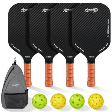 Imagem de Amoswiz Conjunto de 4 pás de pickleball, remo de bola de pickle sem borda de 16 mm com 4 bolas, superfície de carbono 3K real para rotação e controle, adequado para brincadeiras internas e externas