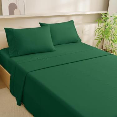 Imagem de MCO Jogo de cama solteiro refrescante, raiom derivado de lençóis de bambu, jogo de cama luxuoso e sedoso com bolso profundo de 40,6 cm (vinho, verde floresta)