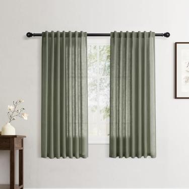 Imagem de Cortinas de linho verde-oliva com 137 cm de comprimento, conjunto com 2 painéis, cortinas modernas para sala de estar, cortina semitransparente, privacidade, 137 cm de comprimento
