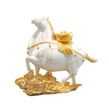 Imagem de Fenteer Escultura de Cavalo Feng Shui, Estatueta de Resina, Obra de Arte para Mesa, Ornamento, Escultura de Animal para Lareira, Escrivaninha, Interior, Ouro Branco
