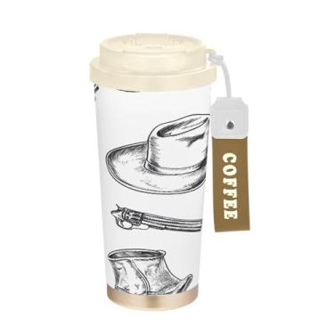 Imagem de STAYTOP Caneca de café de viagem com isolamento de arma e chapéu de cowboy norte-americano, 500 ml, copo de café reutilizável de aço inoxidável com tampa flip à prova de vazamento à prova de vazamento