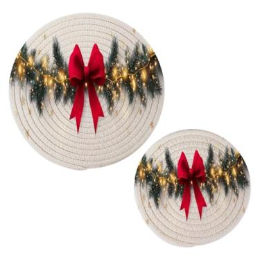 Imagem de Wassud Guirlanda de Natal Conjunto de trivet de laço vermelho para pratos quentes, suportes redondos de algodão, almofadas quentes, porta-copos elegantes, decoração de cozinha e acessórios, 2 peças