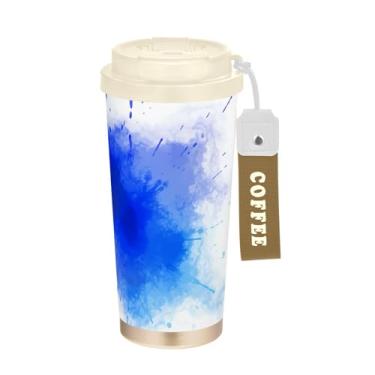 Imagem de Wassud Caneca de café de viagem isolada com pintura azul aquarela copo à prova de vazamento com tampa e canudo garrafa de água de aço inoxidável para café quente/gelo, chá e cerveja
