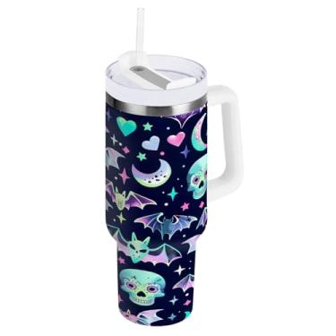 Imagem de STAYTOP Copo colorido de caveira e morcego de 850 g com tampa e canudo, copo isolado de aço inoxidável durável à prova de vazamento com alça, garrafas de água à prova de derramamento para viagens