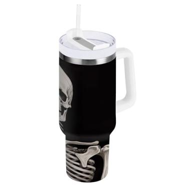Imagem de STAYTOP Copo de caveira engraçado de 1,134 g com tampa e canudo, copo isolado de aço inoxidável durável à prova de vazamento com alça, garrafas de água à prova de derramamento para viagens