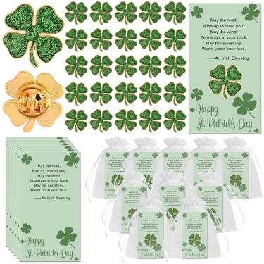 Imagem de SOWPOPY 25/50/100 conjuntos de alfinetes de lapela do dia de São Patrício a granel de trevo de quatro folhas broches de trevo irlandês com cartões de bênção para presente de festa do dia de São