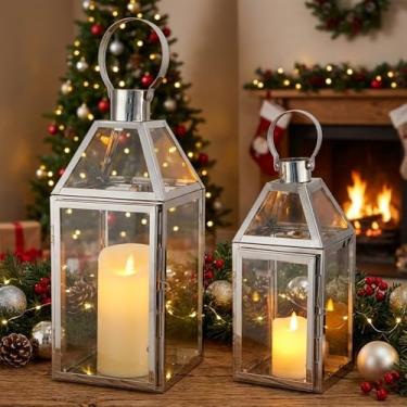 Imagem de TRIROCKS Conjunto de 2 lanternas decorativas de aço inoxidável de 33 cm e 25 cm H com vidro temperado para decoração de casa, sala de estar, festas, eventos, mesa, ambientes internos e externos (prata