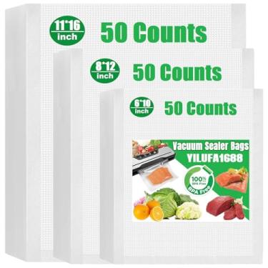 Imagem de 150 sacos seladores a vácuo para sacos de congelador para economia de alimentos 50 litros 15,2 x 25,4 cm, 20,3 x 30,5 cm, 28 x 40,6 cm, armazenamento de alimentos pré-cortados, selo a vácuo de grau