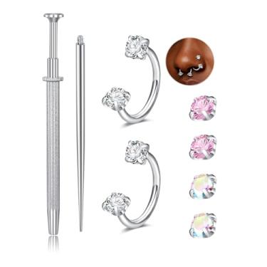 Imagem de QWALIT Anel de nariz de ferradura de prata 18 g com pino duplo para sapato de cavalo para mulheres aço cirúrgico em forma de U meio brinco tragus argolas lábio hélice piercing joias anéis de septo 6