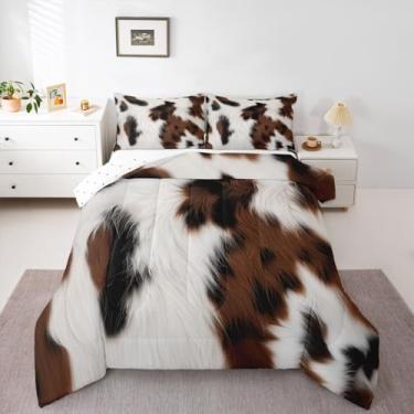 Imagem de jejeloiu Conjunto de edredom com estampa de pele de vaca, para todas as estações, com 2 fronhas, marrom e branco, pele de animais da fazenda ocidental, microfibra e edredom macio