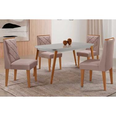 Imagem de Sala Jantar Mesa Havana Tampo c/ Vidro Curvo 120cm+4 Cadeiras Pietá Madeira Naturale/Off White - Capuccino/Linho Capuccino - Rufato