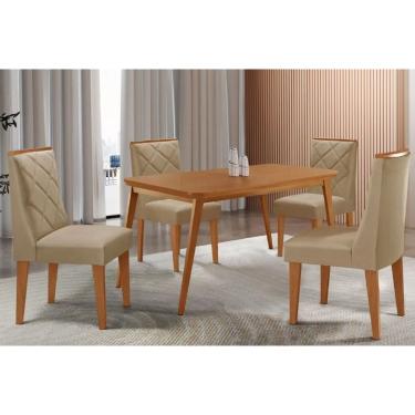 Imagem de Sala Jantar Mesa Havana Tampo Curvo 120cm+4 Cadeiras Pietá Madeira Naturale - Capuccino/Linho Bege - Rufato