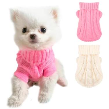 Imagem de JAAQUCD Pacote com 2 roupas para cães, meninas, gola rolê, suéter para cachorros pequenos, outono, inverno, chihuahua, yorkie, xícara de chá, roupas quentes para gatos (rosa + branco, PPP-4)