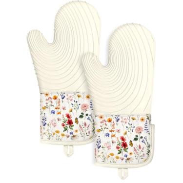 Imagem de Slohif Luvas de forno longas de silicone resistentes ao calor para mulheres - 2 peças de luvas de forno de flor vermelha 100% algodão, luvas de forno de silicone antiderrapantes e impermeáveis com