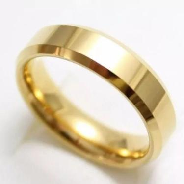 Imagem de Par Aliança Ouro 18k Banhada Chanfrada 6mm Aço Inoxidável Tamanho:30-31