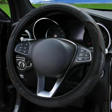 Imagem de Knonip Capa de volante de couro de fibra de carbono, estilo esportivo, confortável, resistente ao desgaste, ajuste universal para roda de 35 a 38 cm, acessórios interiores de carro para todas as