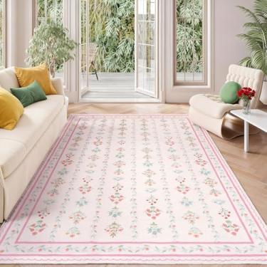 Imagem de Tapetes laváveis rosa de 1,5 x 2,4 m, tapete perfeito para sala de estar, quarto, decoração de quarto de crianças, berçário - resistente a manchas e água, tapete antiderrapante, adequado para animais
