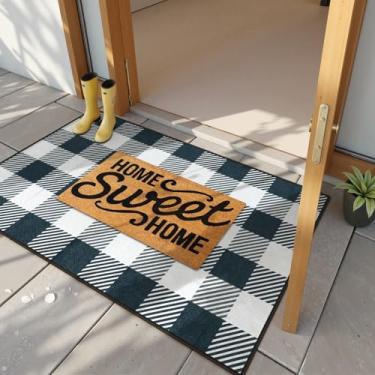 Imagem de LIVEBOX Tapete de porta fácil de juta para entrada interna, tapetes antiderrapantes para uso externo, tapetes xadrez de búfalo laváveis para cozinha de entrada (cinza, preto e branco, 5 x 9 cm)