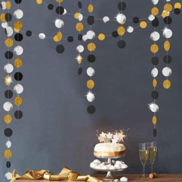 Imagem de Decor365 Gold Back Circle Dots Garland Streamers Party Decorations Glitter Black Hanging Bunting Banner Decoração de fundo Aniversário/Casamento/Ano/Gruaduation