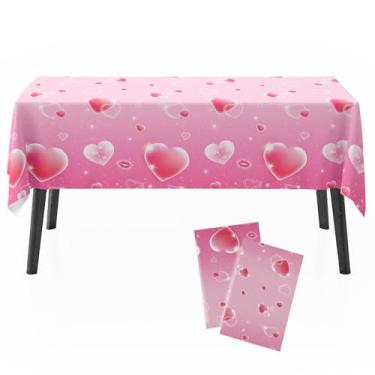 Imagem de Zharkoo Toalha de mesa Happy Valentine's Day com padrão de coração, toalha de mesa descartável de plástico 137 x 272 cm, capa de mesa romântica para mesa de jantar, decoração de festa dos namorados
