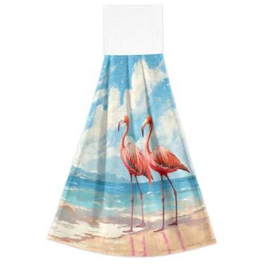 Imagem de Toalhas de cozinha de praia flamingos rosa com laço para pendurar toalhas de banheiro macias absorventes conjunto de 2, decorações de cozinha fofas 18,2 x 14 polegadas