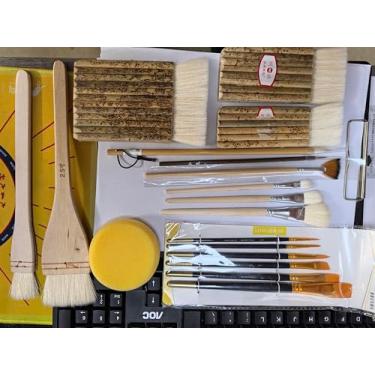 Imagem de DIYOOHOMY Conjunto de 14 pincéis de cerâmica esmaltados para pintura a óleo acrílica de cerâmica e aquarela, inclui esponja, esfregão, pescada, Sumi, leque, pincel fino com cerdas macias de lã para