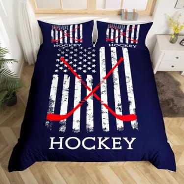 Imagem de Capa de edredom de hóquei tamanho Queen, capa de edredom com bandeira americana com 2 fronhas para adolescentes e adultos, conjunto de cama decorativo de 3 peças para crianças, vermelho azul branco