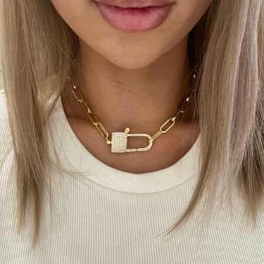 Imagem de 1 colar de cadeado de metal dourado elegante incrustado de diamante delicado para uso diário feminino