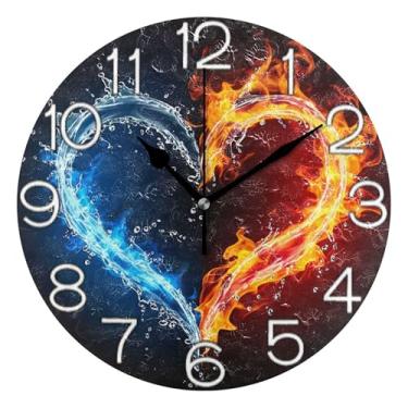 Imagem de GAIGEO Relógio de parede decorativo analógico escritório cozinha relógio estético silencioso sem tique-taque, decoração de parede vintage, sala de estar, coração estampado azul fogo preto, 25 cm