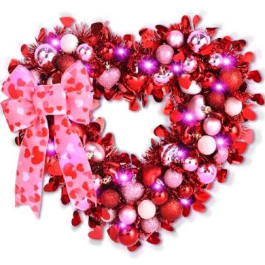 Imagem de Waipfaru 2 peças de guirlanda de dia dos namorados de 35 cm, grinaldas de coração para porta da frente, decoração de guirlanda de dia dos namorados vermelha, rosa e branca, com luzes de laço, para