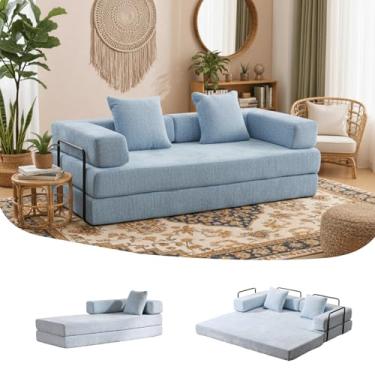 Imagem de Sofá-cama conversível, sofá-cama de 196 cm tamanho casal com apoios de braço em forma de L, sofás-cama queen size para sala de estar pequena para sala de estar quarto, chenille, azul