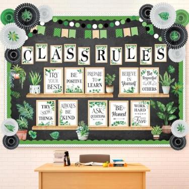 Imagem de Pajean Conjunto de decoração de quadro de avisos para sala de aula com 140 peças, pôsteres de regras de classe com leques de papel, placas motivacionais de parede, decoração inspiradora para sala de