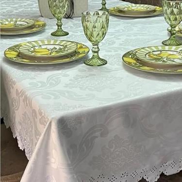 Imagem de Toalha de Mesa Jacquard Luxo Bordada Retangular para Mesa de 6 8 12 e 14 Lugares – Decoração de Mesa Elegante (BRANCO,8 LUGARES)