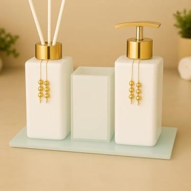 Imagem de Kit Lavabo Luxo Sabonete Líquido C/Porta Escovas e Aromatizante De Ambiente C/Bandeja(Branco Total C/Dourado)