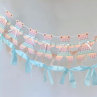 Imagem de Eanjia Faixa pré-amarrada We Can Bearly Wait | Faixa de urso de pelúcia xadrez estilo boho neutro com ilhós para fácil ajuste e laço de cetim removível para chá de bebê, aniversário, berçário