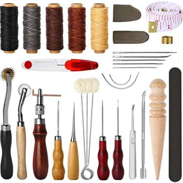 Imagem de 31 Peças Ferramentas de Costura em Couro Kit Manual para Arte DIY com Ranheira Awl Fio Encerado Dedal Agulhas Tesoura Protetores Dedo Daubers Lã Slicker Burnishes