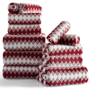 Imagem de Conjunto de 12 toalhas de diamante bordô - 4 toalhas de banho, 4 toalhas de mão, 4 toalhas de poliéster macio com laço absorvente toalha de banho toalha de praia de secagem rápida toalhas de família