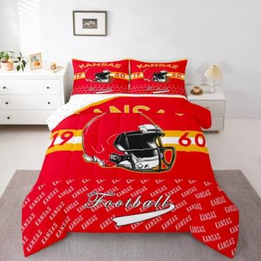 Imagem de Feelyou Jogo de cama de futebol americano macio para meninos e meninas, Kansas, tamanho casal, futebol, cidade, edredom de microfibra, jogos esportivos, decoração de quarto, 3 peças com 2 fronhas