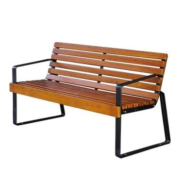 Imagem de Banco de metal para jardim ao ar livre, design de ripas, moldura de alumínio fundido, banco de jardim de madeira com encosto e apoios de braço para deck de gramado de varanda (tamanho: 145 cm/57 pol)