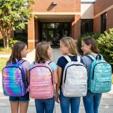 Imagem de Mochila Holográfica Metalizada Escolar Feminina Brilho Tendência Juven